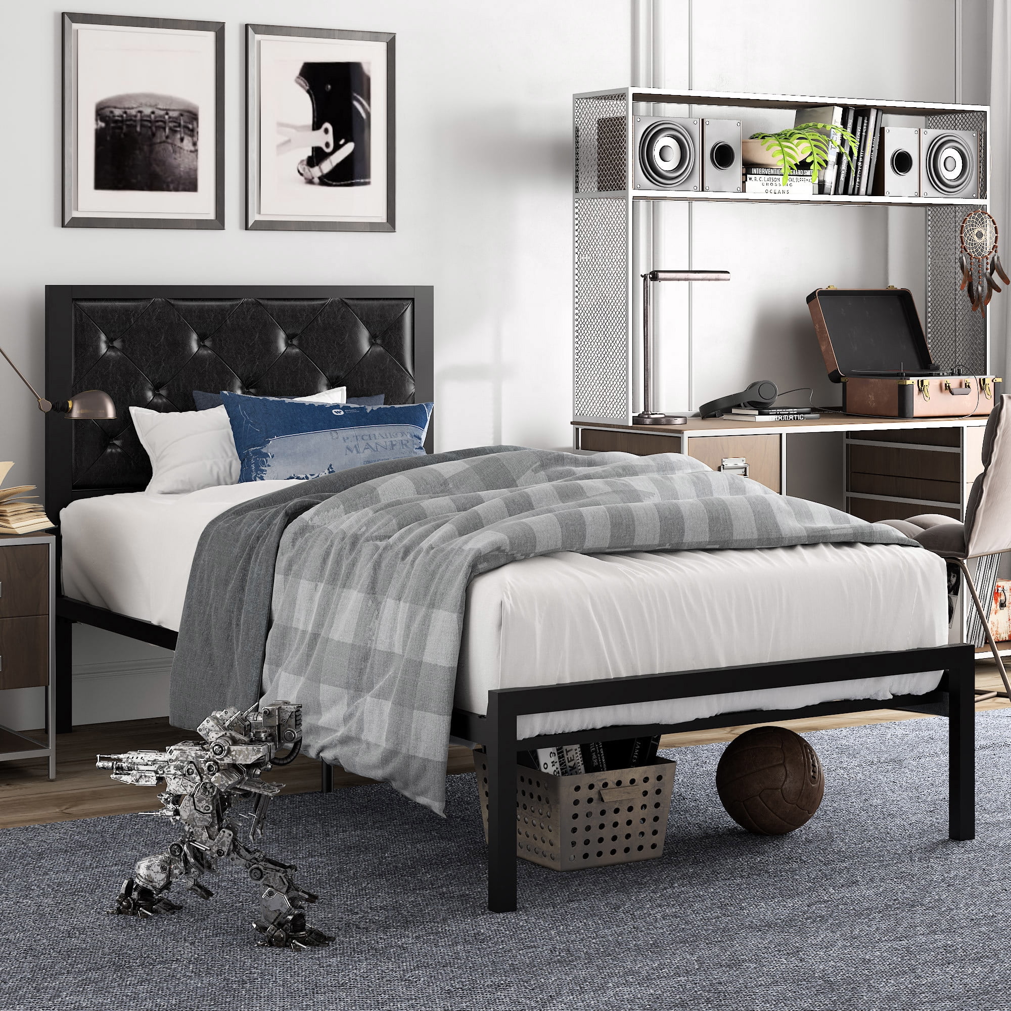 Amolife Twin Size Metal Bed Frame with Faux Leather Headboard, Black