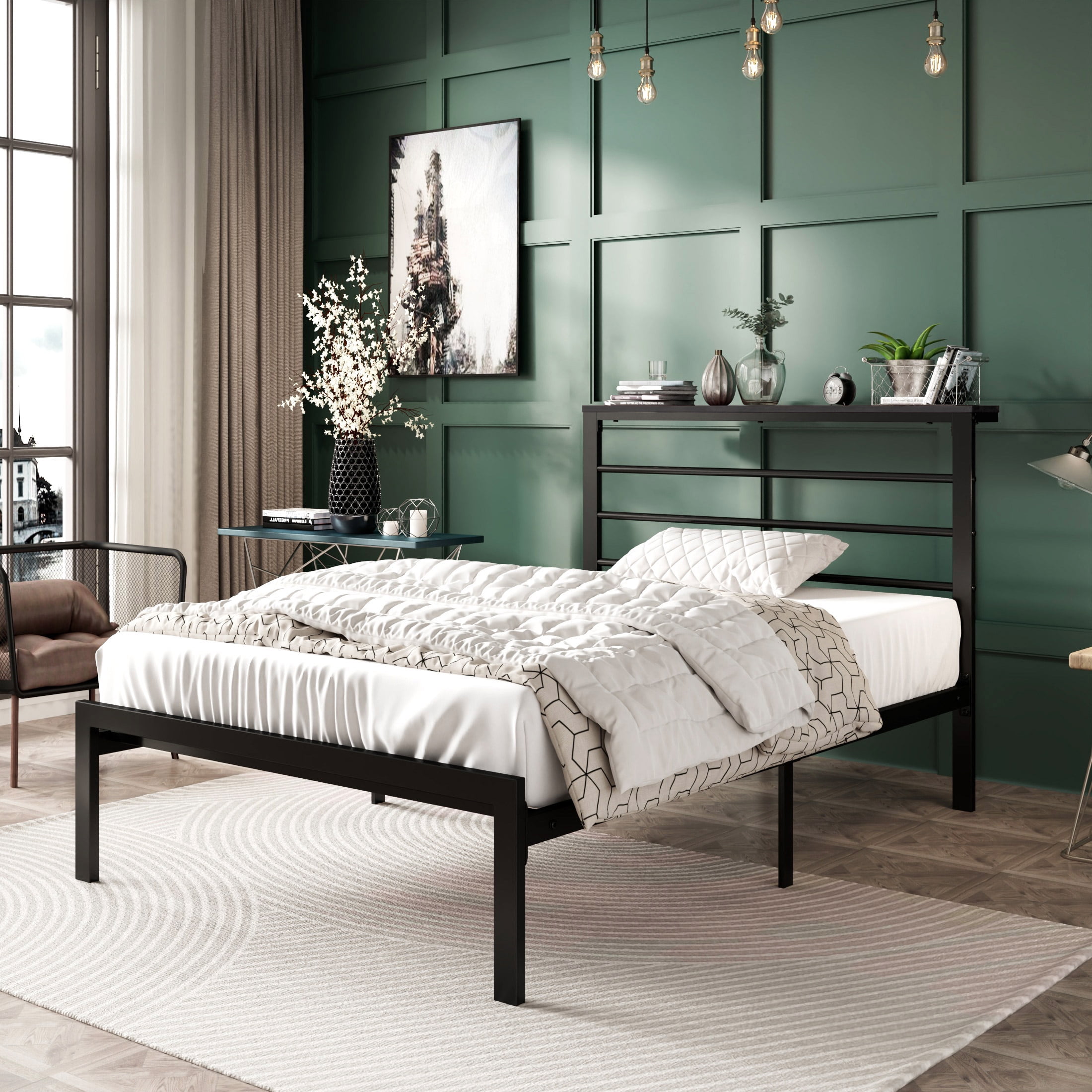 Amolife Twin Size Metal Bed Frame with Headboard Shelf, Black Oak