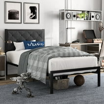 Amolife Twin Size Metal Bed Frame with Upholstered Headboard, Dark Grey