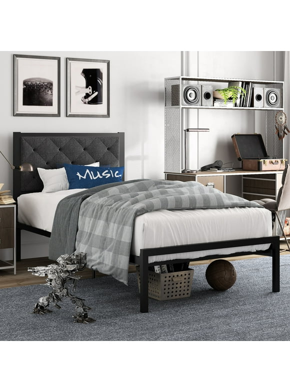Amolife Twin Size Metal Bed Frame with Upholstered Headboard, Dark Grey