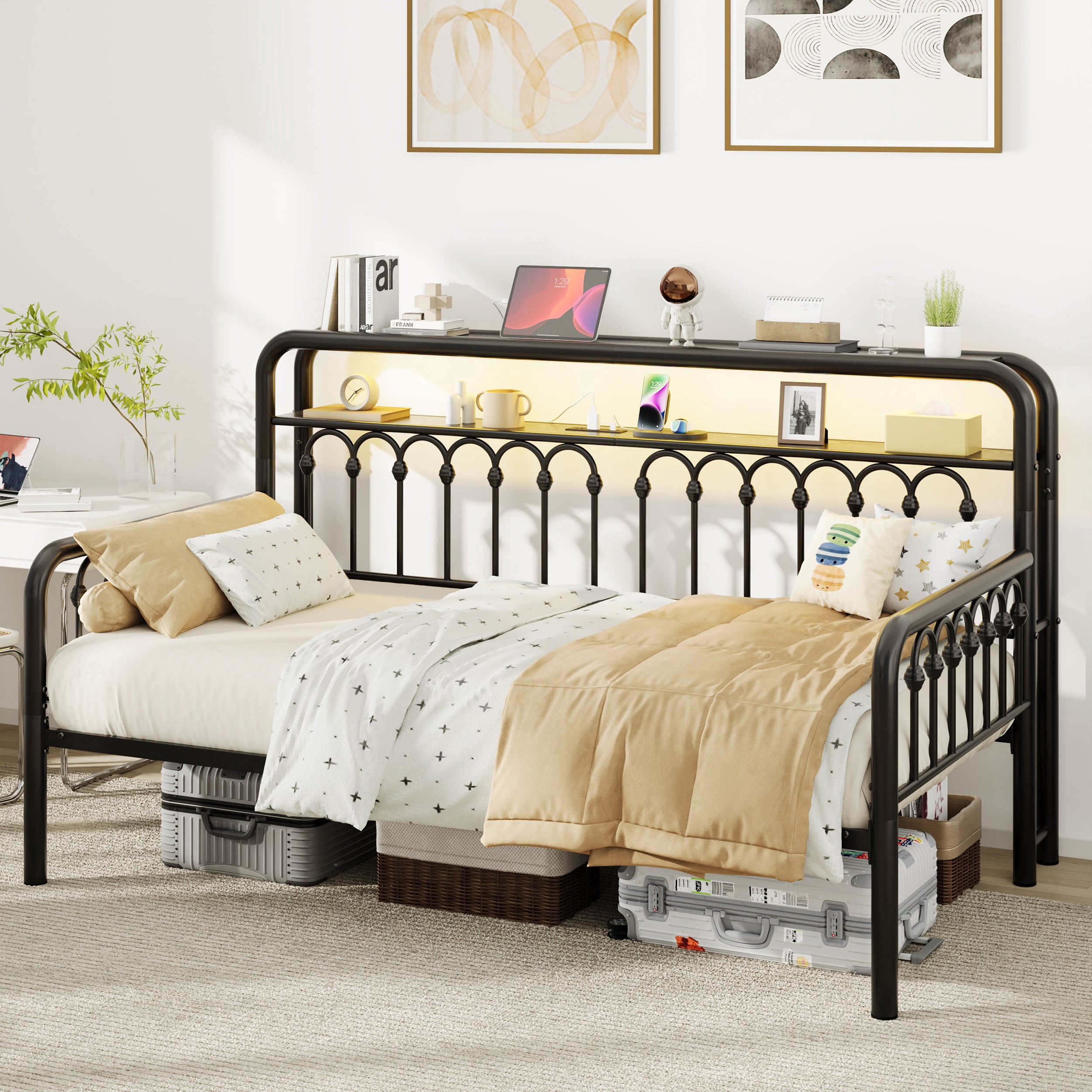 Amolife Twin Size Metal Daybed with Charging Station & LED Lights, Shelf Headboard, Under-Bed Storage, Vintage Daybed Frame, No Box Spring Needed, Black