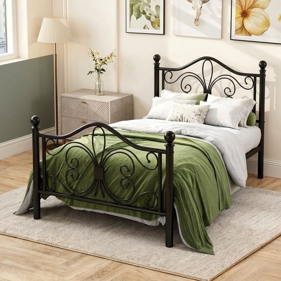 Amolife Twin Size Metal Platform Bed Frame With Vintage Butterfly Pattern Headboard&Footboard, Black