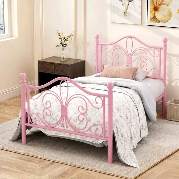 Amolife Twin Size Metal Platform Bed Frame With Vintage Butterfly Pattern Headboard & Footboard, Pink