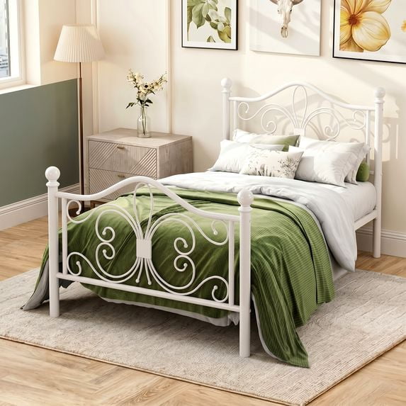 Amolife Twin Size Metal Platform Bed Frame With Vintage Butterfly Pattern Headboard&Footboard, White