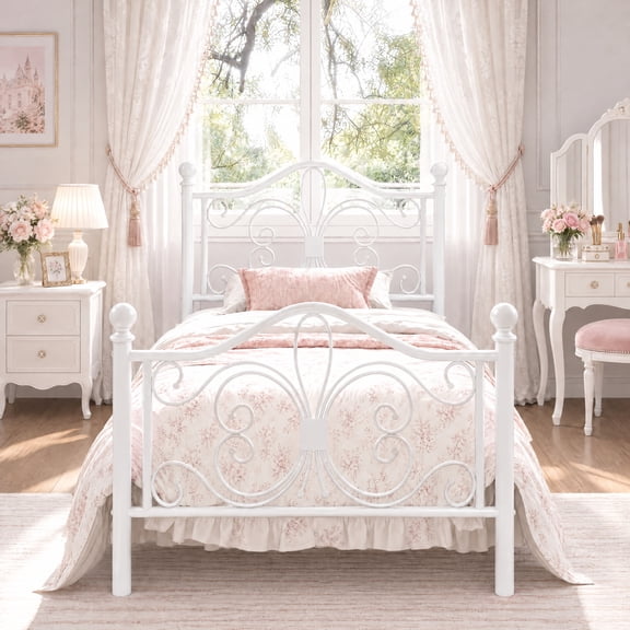 Amolife Twin Size Metal Platform Bed Frame with Vintage Butterfly Pattern Headboard & Footboard, White