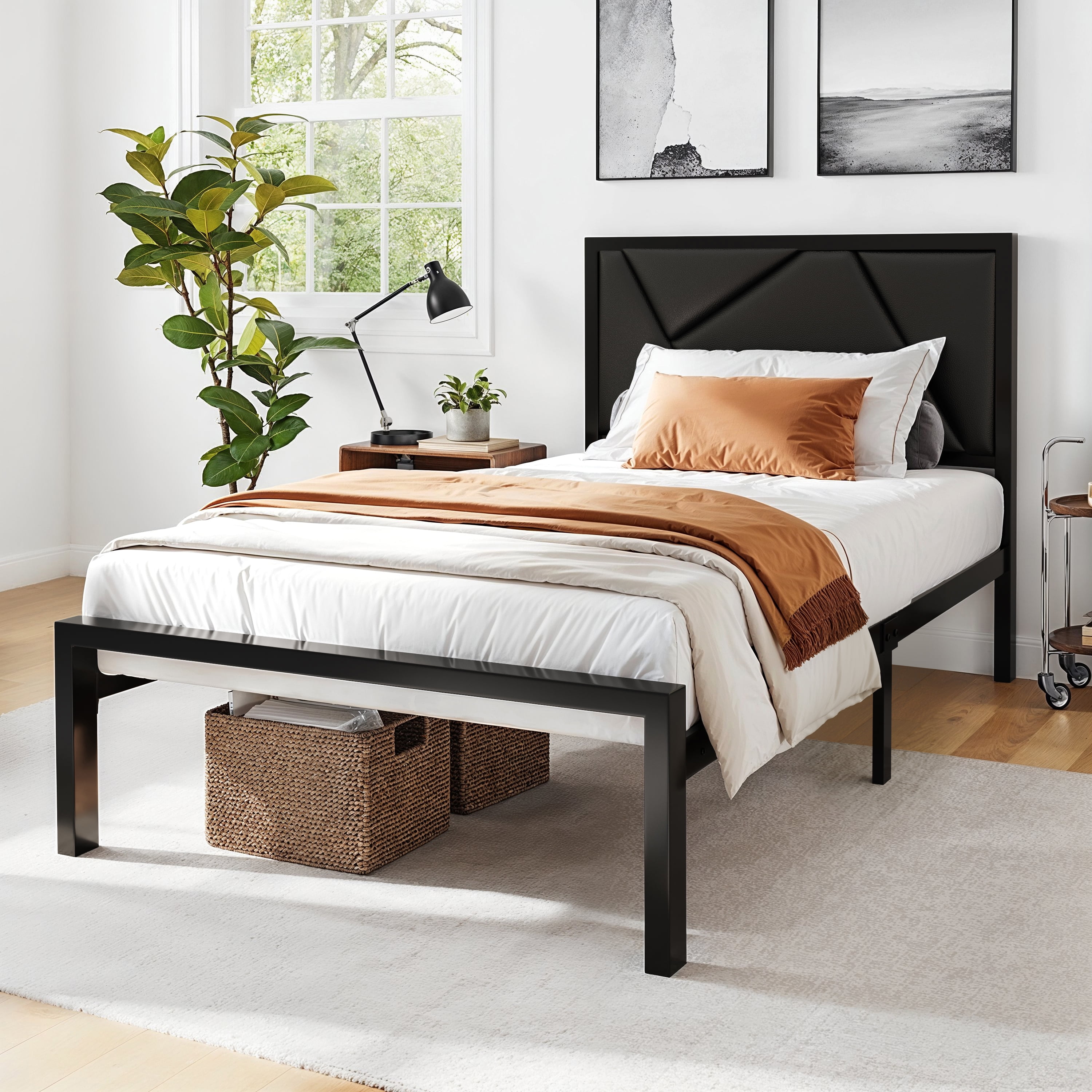 Amolife Twin Size Metal Bed Frame, Litchi Grain Faux Leather