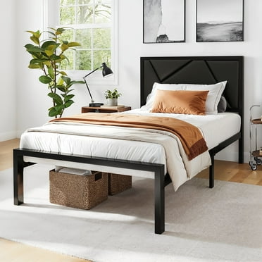 Amolife Twin Size Metal Platform Bed Frame with Faux Leather Headboard, Black