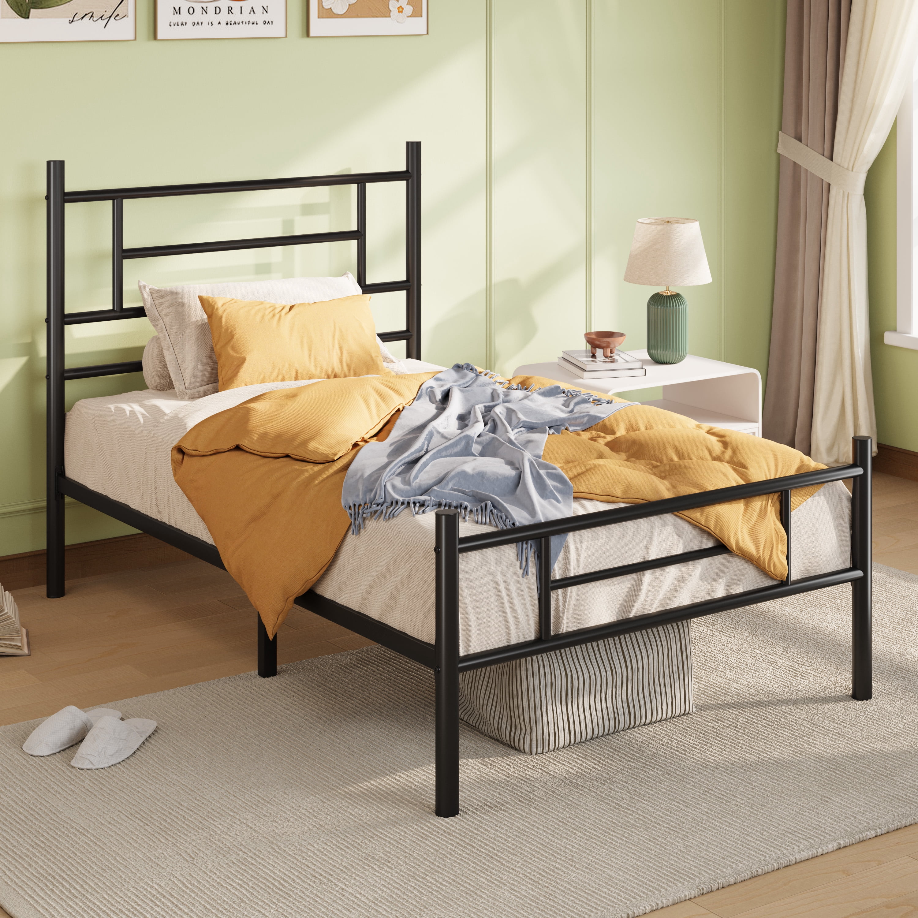 Amolife Twin Size Metal Platform Bed Frame with Headboard and