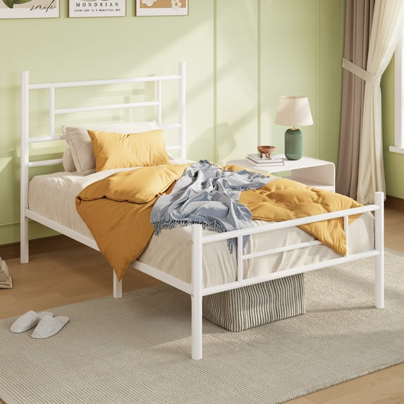 Amolife Twin Size Metal Platform Bed Frame with Headboard and Footboard, 12.5'' Underbed Storage, Adult, White