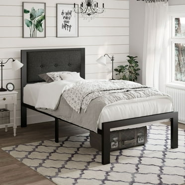 Amolife Twin Size Metal Platform Bed Frame with Linen Fabric Button Tufted Upholstered Headboard, Grey