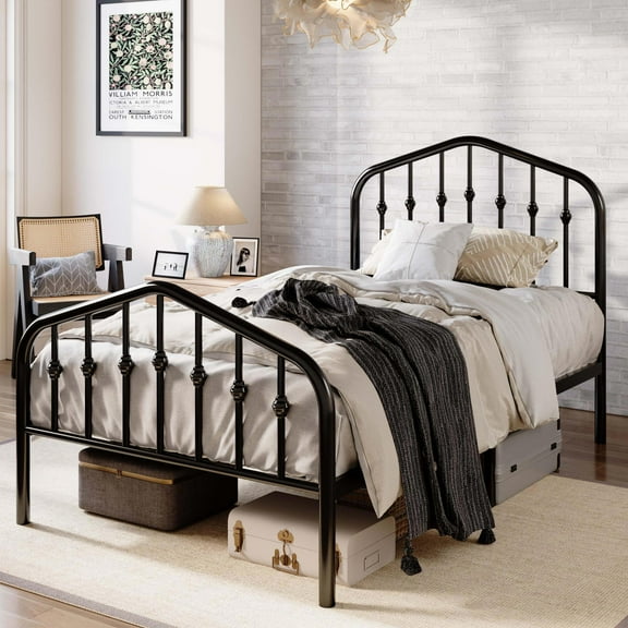 Amolife Twin Size Bed Frame, Heavy Duty Metal Platform Bed with Victorian Vintage Headboard & Footboard, Black