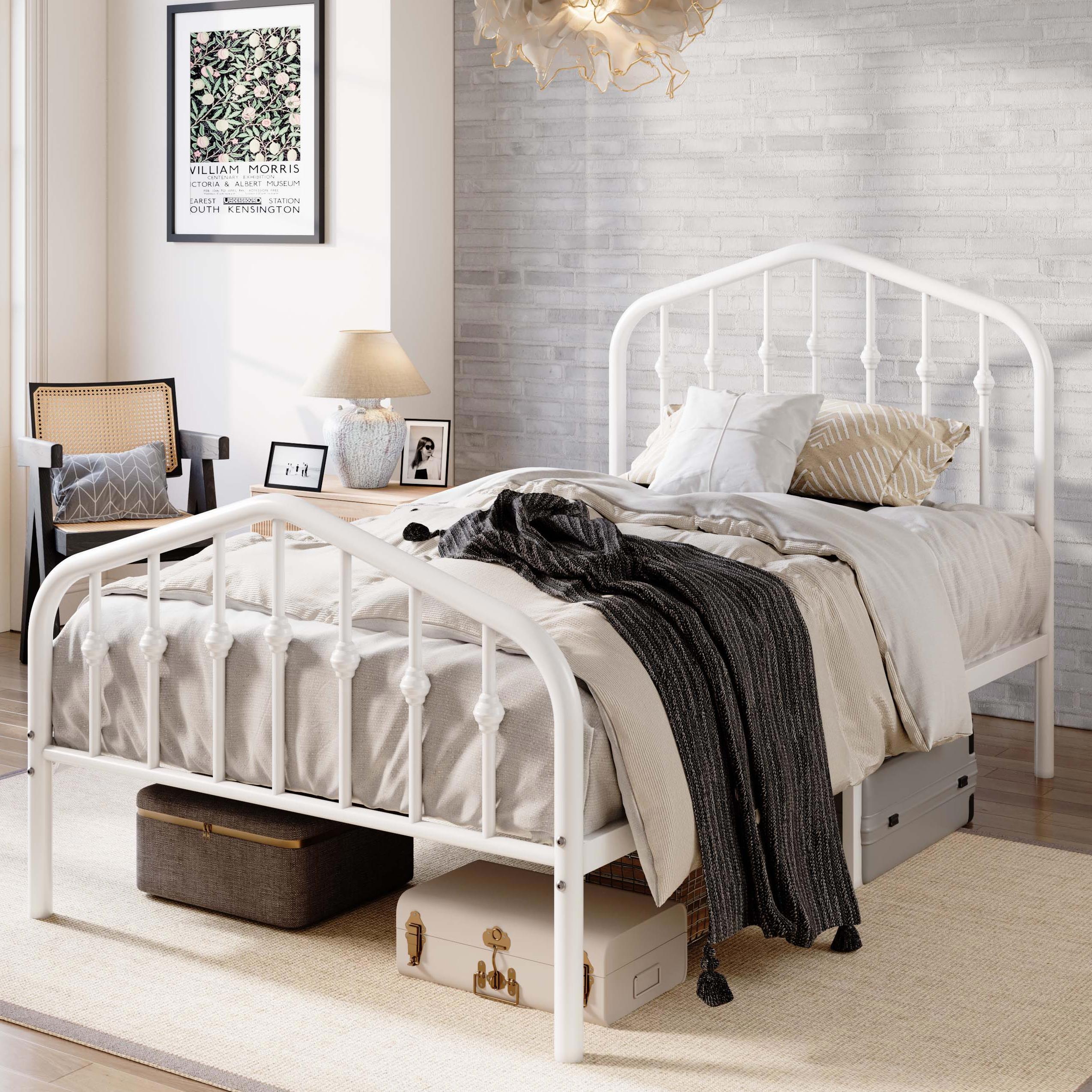 Amolife Twin Size Bed Frame, Heavy Duty Metal Platform Bed with Victorian Vintage Headboard & Footboard, White