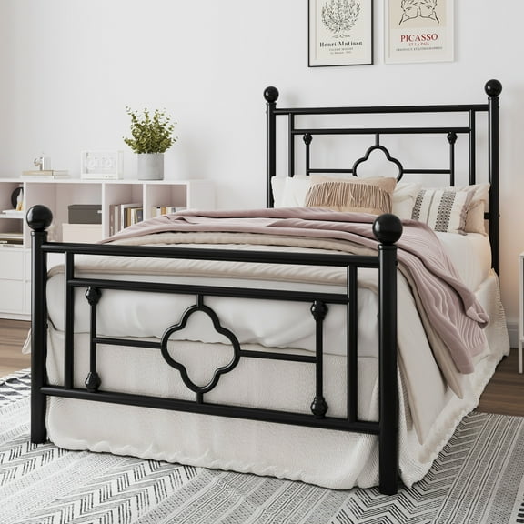 Amolife Twin Size Metal Platform Bed Frame with Vintage Cross Pattern Headboard&Footboard, Black
