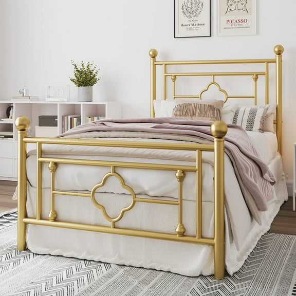 Amolife Twin Size Metal Platform Bed Frame with Vintage Cross Pattern Headboard&Footboard, Gold