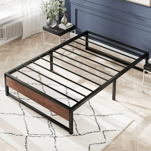 Amolife Twin Size Metal Platform Bed Frame with Wooden Board & Storage, No Box Spring Needed, Black