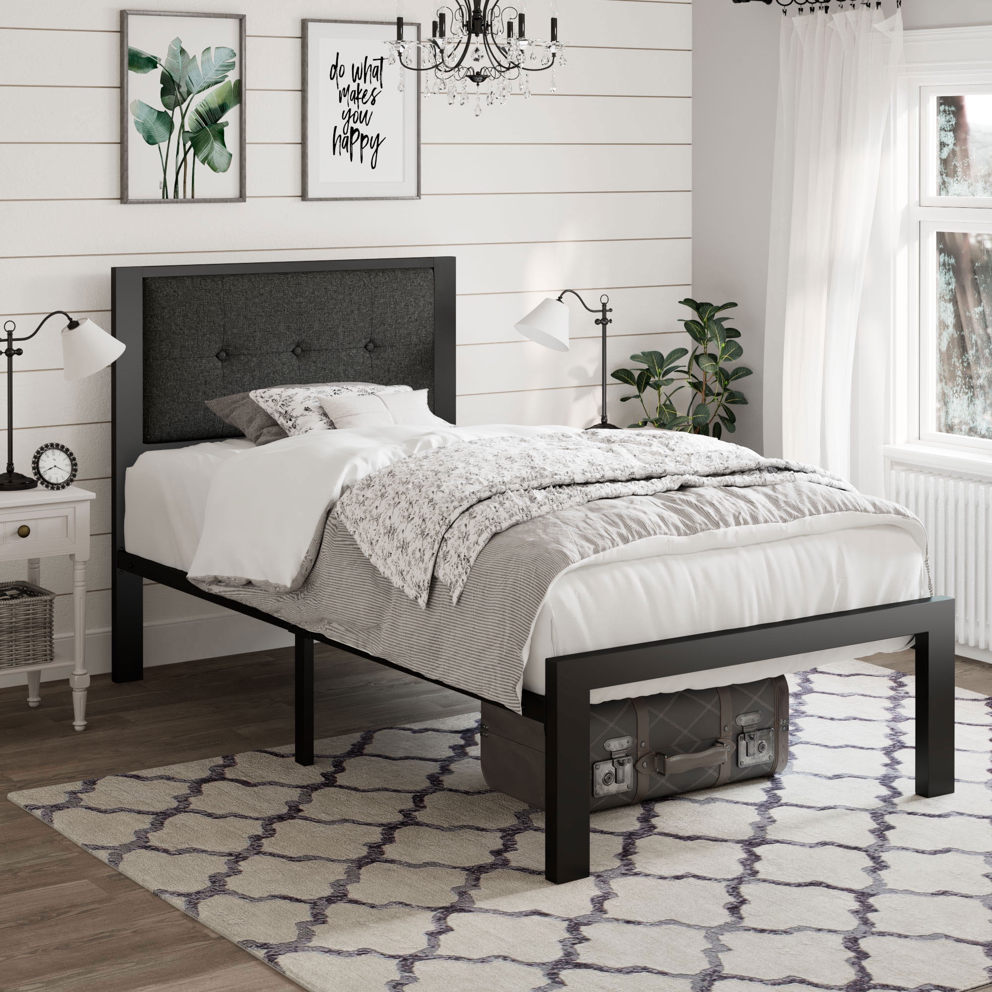 Amolife Twin Size Metal Platform Bed with Upholstered Button Tufted  Headboard and 16 Strong Steel Slats, Dark Grey