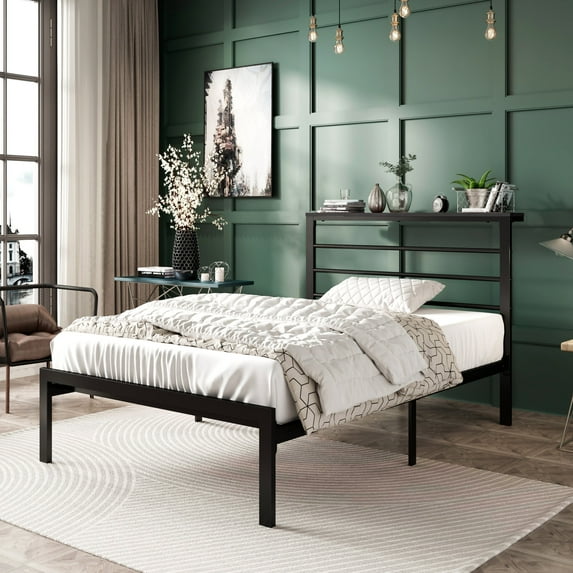Amolife Twin Size Metal Platform Vintage Bed Frame with Storage Headboard Shelf, Black Oak