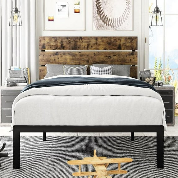 Amolife Twin Size Platform Bed Frame with Wood headboard & Metal Slats, No Box Spring Needed, Brown