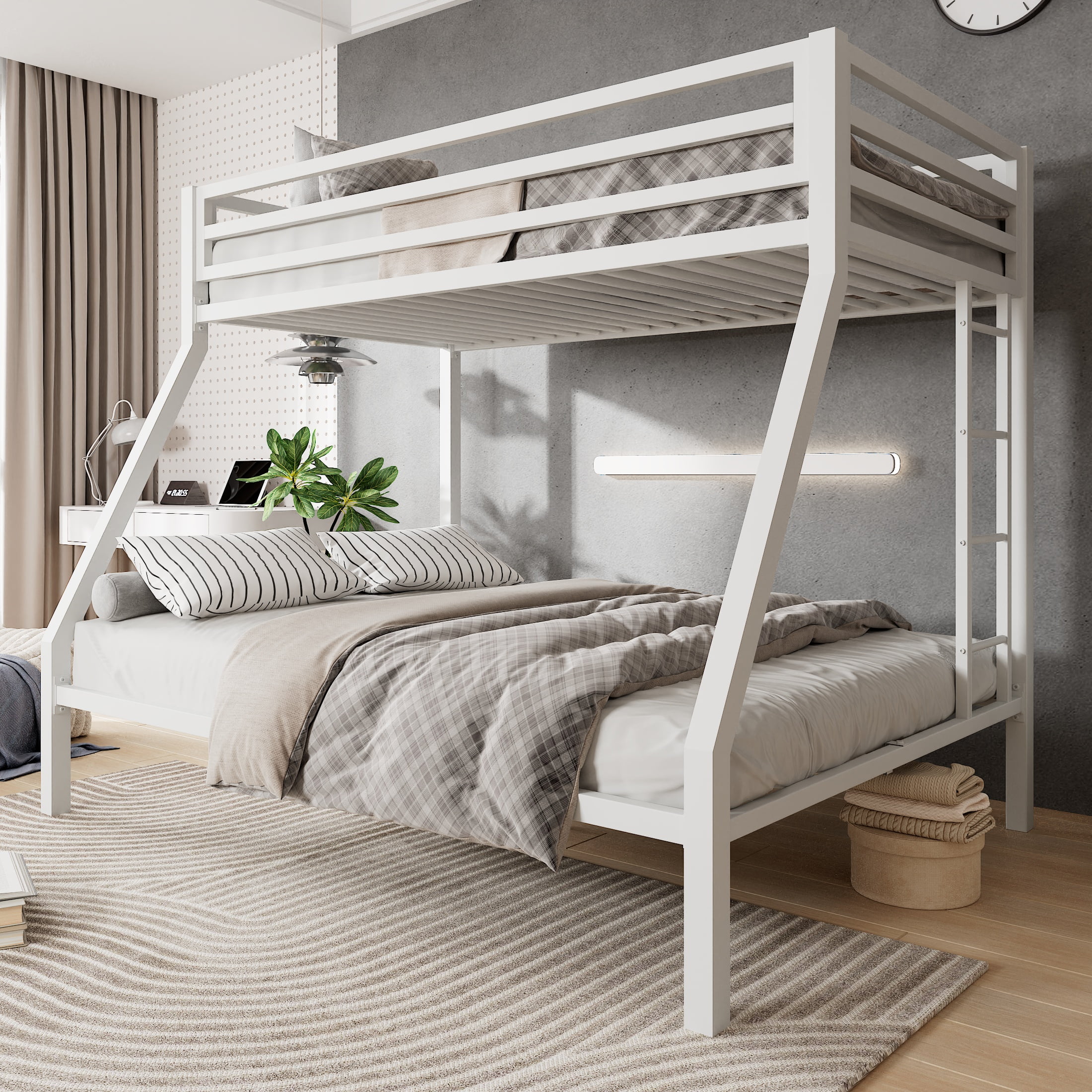 Amolife Twin over Full Size Metal Bunk Bed with Removable Ladder, Full-Length Guardrail, White