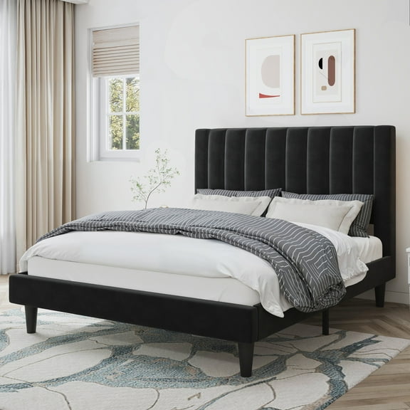 Amolife Queen Size Platform Bed Frame with Upholstered Velvet Channel Headboard, Black