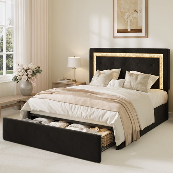 Amolife Queen Bed Frame, Velvet Upholstered Storage Bed with Adjustable Diamond-Tufted Smart LED Headboard, Footboard Drawer, Black