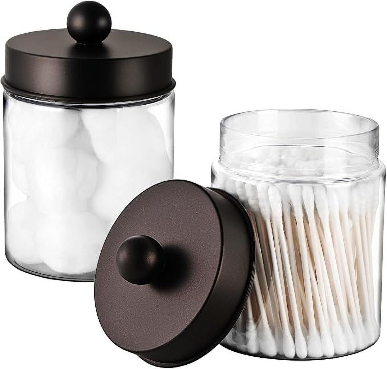 Amolliar Farmhouse Decor Qtip Holder Dispenser for Cotton Swabs,Balls, Cotton Pads, Floss - Clear Plastic Apothecary Jar for Bathroom Canister Storage, Vanity Countertop Makeup Organizer-Bronze (2)