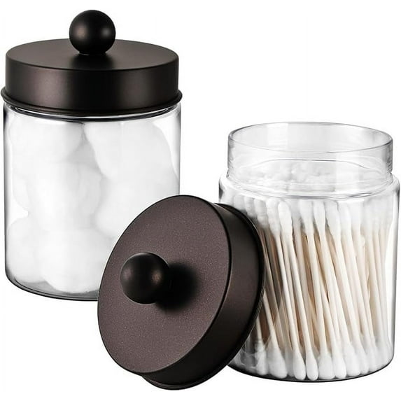 Amolliar Farmhouse Decor Qtip Holder Dispenser for Cotton Swabs,Balls, Cotton Pads, Floss - Clear Plastic Apothecary Jar for Bathroom Canister Storage, Vanity Countertop Makeup Organizer-Bronze (2)