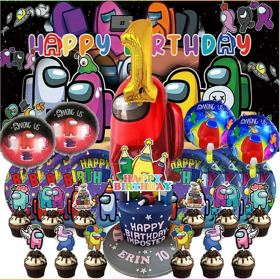 Among Us 1st Tableware Balloons Cake Toppers Backdrop Banner Supplies Party Decor Plates Decorations