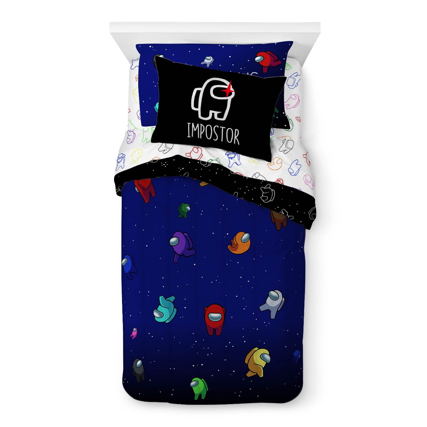 Among Us Crewmates Kids 4-Piece Twin/Full Bed In A Bag Set, With Comforter, Pillowcases, and Sheets, 100% Microfiber, Blue