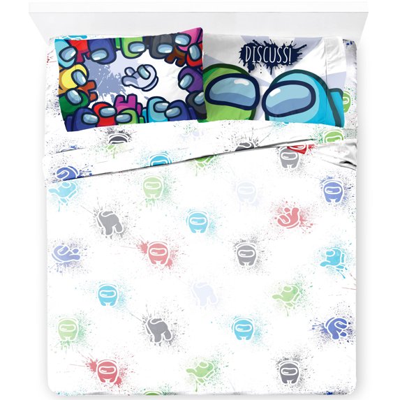 Among Us Space Splatter Queen Sheet Set, Kids Bedding, 100% Microfiber