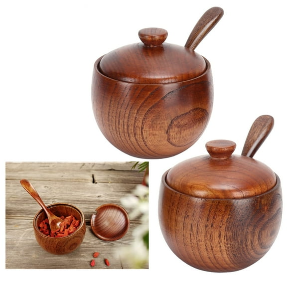 Amonsee 2 Sets Condiment Jar Wooden Seasoning Box, Spice Jar with Spoon & Lid