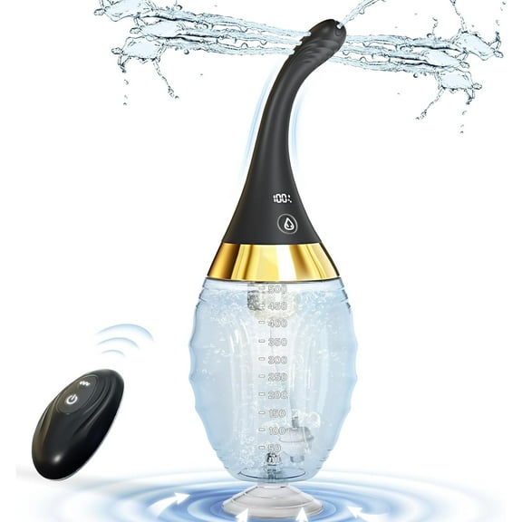 Enema Anal Douche with Anti Backflow, Bendable Nozzles, Suction Cup, LED Display, Remote for Men and Women, Gold, 16.9oz