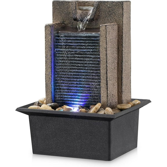 Amootek Tabletop Fountain Relaxing Tabletop Waterfall Fountain with Natural River Rocks & Color-Changing LED Lights - Indoor Zen Office/Home Decor Water Feature, 6.3"x 5.12"x 8.66"