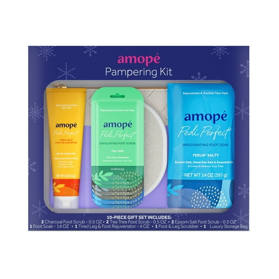 Amopé Pampering Kit - Foot Scrubs, Foot Soak, Leg & Foot Scrubber, Storage Bag 1 Kit