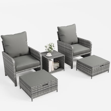 Amopaio 5 Piece Patio Furniture Set, Outdoor Patio Conversation Rattan Chair with Ottomans w/Storage Coffee Table for Patio, Space Saving Design for Balcony Poolside Front Porch Deck,Dark Grey