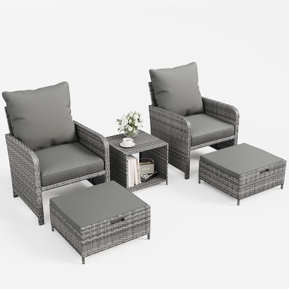 Amopaio 5 Piece Patio Furniture Set, Outdoor Patio Conversation Rattan Chair with Ottomans w/Storage Coffee Table for Patio, Space Saving Design for Balcony Poolside Front Porch Deck,Dark Grey
