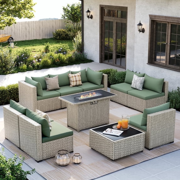 Amopatio 10 Pieces Patio Conversation Set With Firepit, Outdoor Sectional PE Rattan Wicker Furniture Seat,GREEN