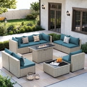 Amopatio 10 Pieces Patio Conversation Set With Firepit, Outdoor Sectional PE Rattan Wicker Furniture Seat,Peacock Blue