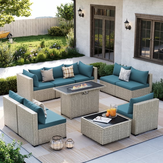 Amopatio 10 Pieces Patio Conversation Set With Firepit, Outdoor Sectional PE Rattan Wicker Furniture Seat,Peacock Blue