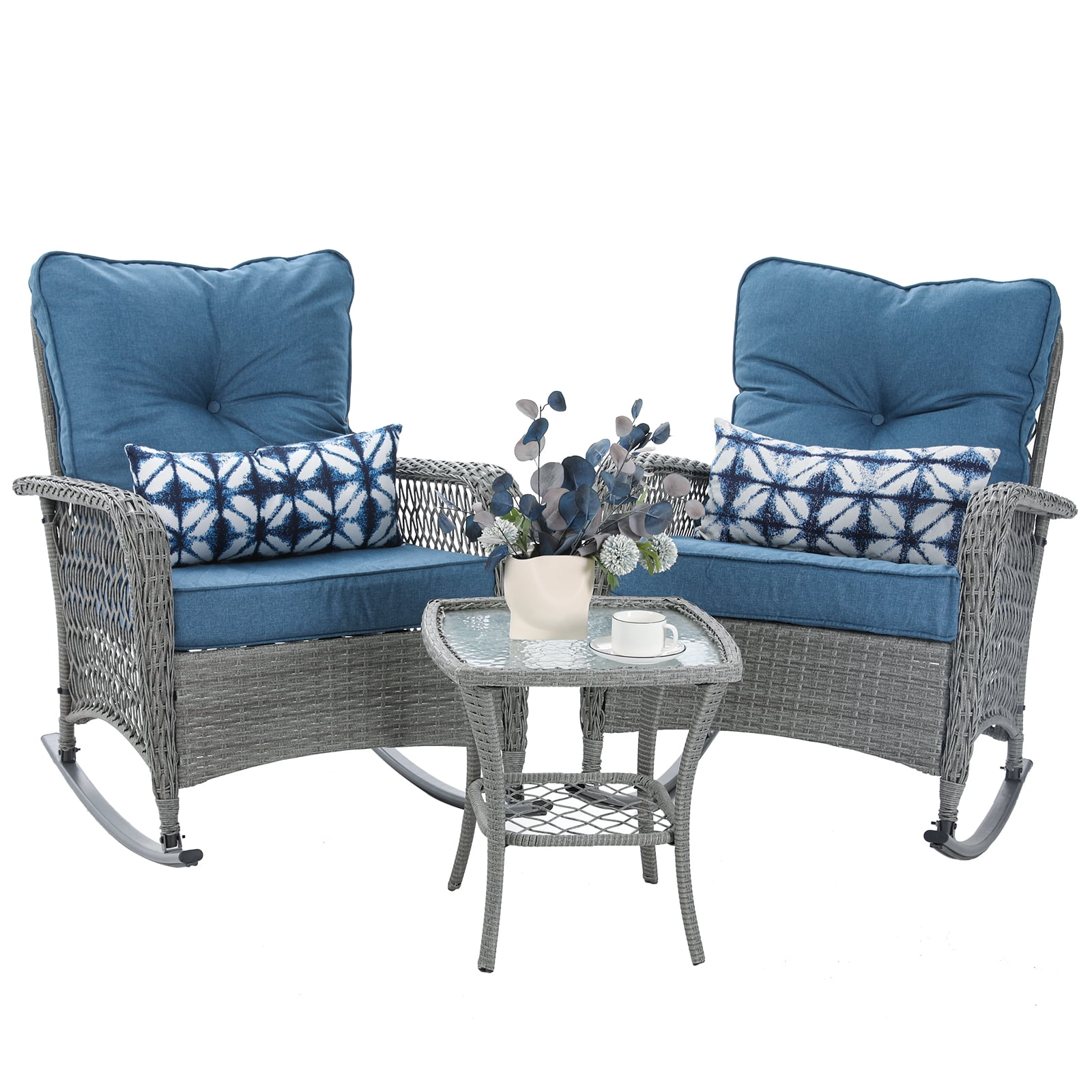 Amopatio 3pc Rattan Rocking Patio Set with 2 Rockers, 1 Table, 4 ...