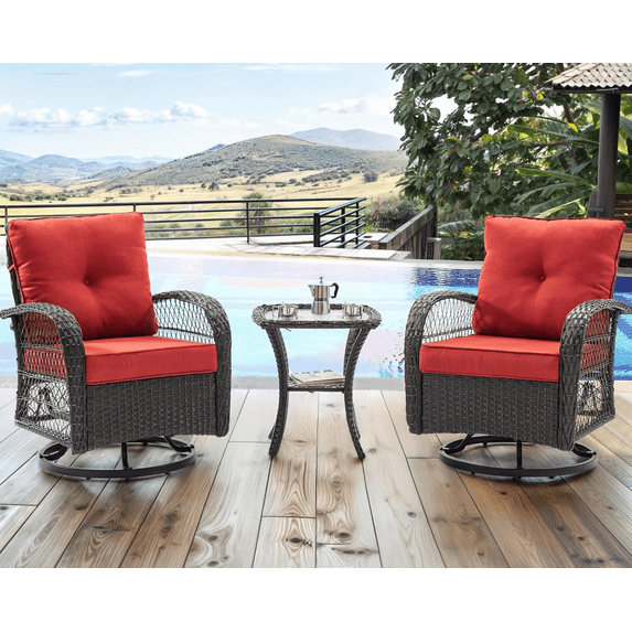 Amopatio 3 Pieces Patio Furniture Set, Outdoor Swivel Glider Rocker, Wicker Patio Bistro Set with Rocking Chair, Thickened Cushions and Table for Porch(Red)