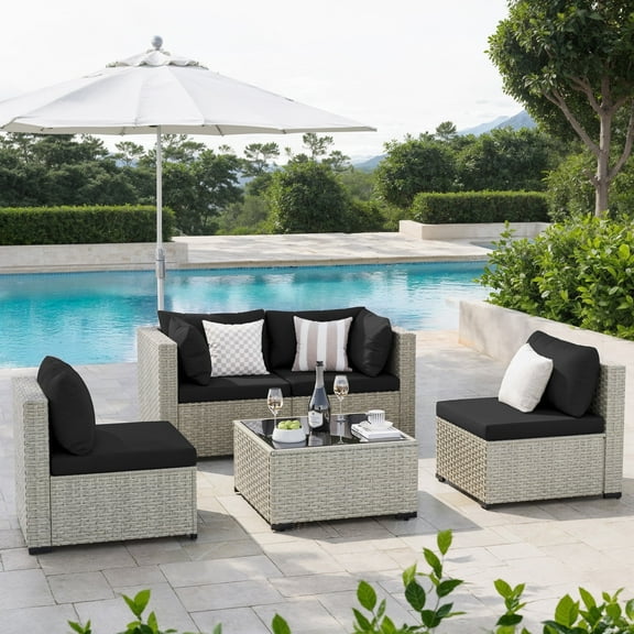 Amopatio 5 Pieces Patio Conversation Set, Outdoor Sectional PE Rattan Wicker Furniture Seat,BLACK