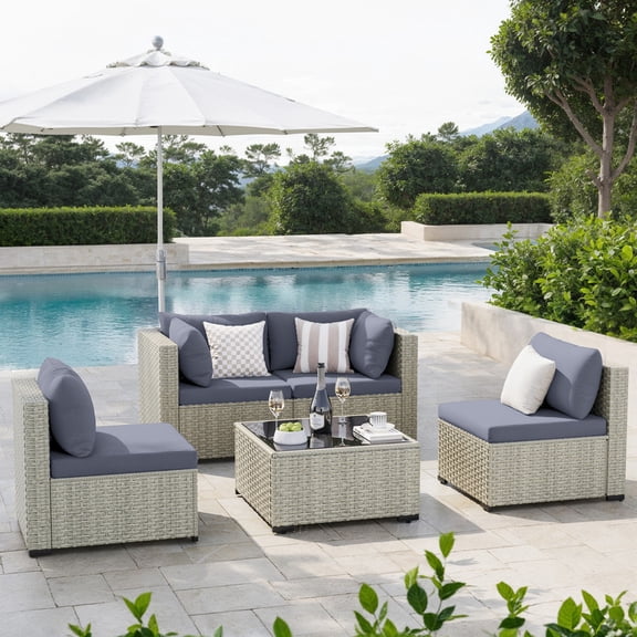 Amopatio 5 Pieces Patio Conversation Set, Outdoor Sectional PE Rattan Wicker Furniture Seat,GRAY