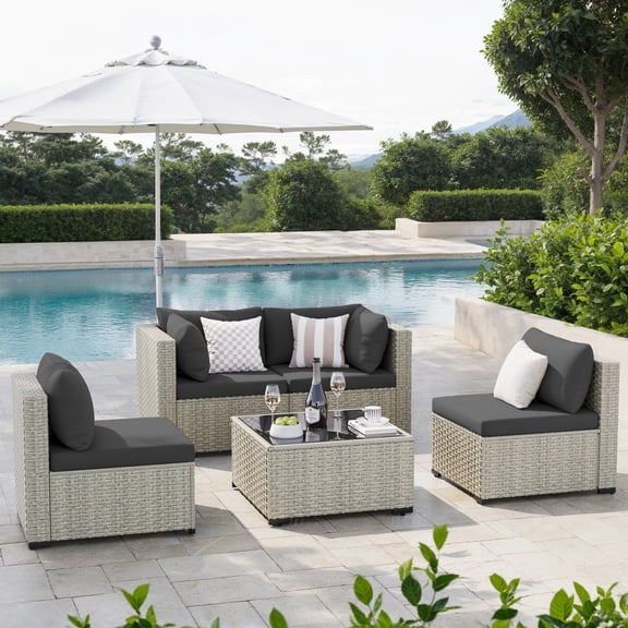 Amopatio 5 Pieces Patio Conversation Set, Outdoor Sectional PE Rattan Wicker Furniture Seat,GRAY