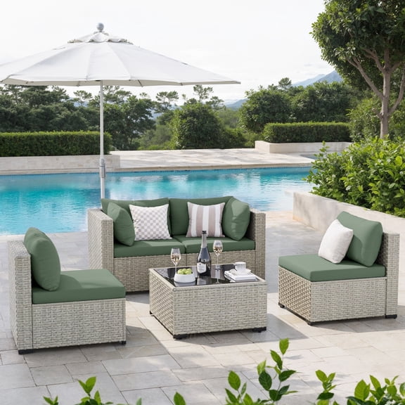 Amopatio 5 Pieces Patio Conversation Set, Outdoor Sectional PE Rattan Wicker Furniture Seat,GREEN