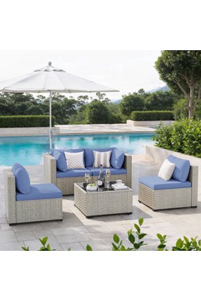 5 Pieces Patio Conversation Set, Outdoor Sectional PE Rattan Wicker Furniture Seat,Haze Blue