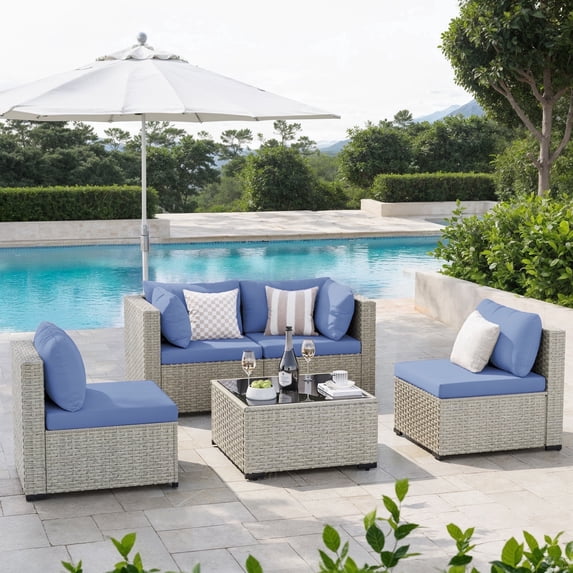 Amopatio 5 Pieces Patio Conversation Set, Outdoor Sectional PE Rattan Wicker Furniture Seat,Haze Blue