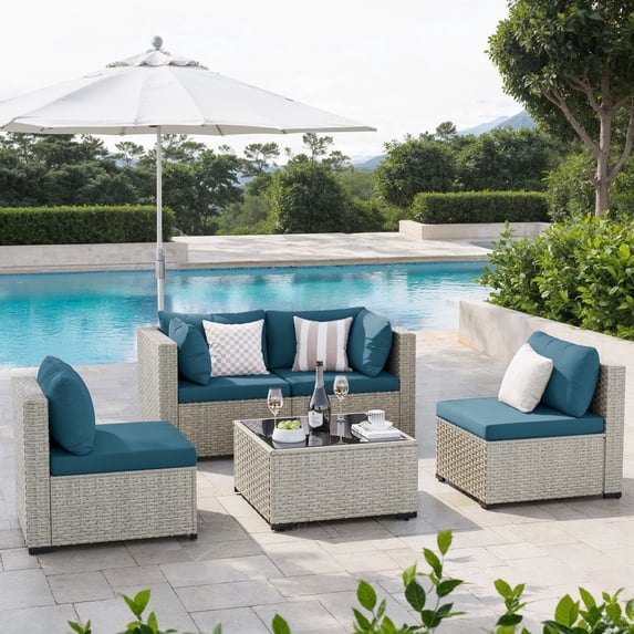 Amopatio 5 Pieces Patio Conversation Set, Outdoor Sectional PE Rattan Wicker Furniture Seat,Peacock Blue