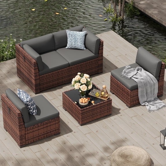 Amopatio 5 Pieces Patio Furniture Set, Outdoor Furniture Sectional Rattan Sofa with Slanted Back, Patio Couch with Glass Coffee Table for Backyard Garden (Dark Grey)