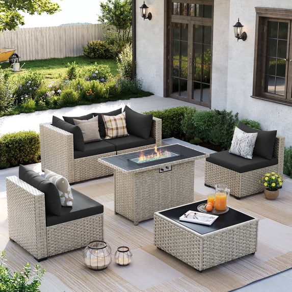 Amopatio 6 Pieces Patio Conversation Set With Firepit, Outdoor Sectional PE Rattan Wicker Furniture Seat,BLACK